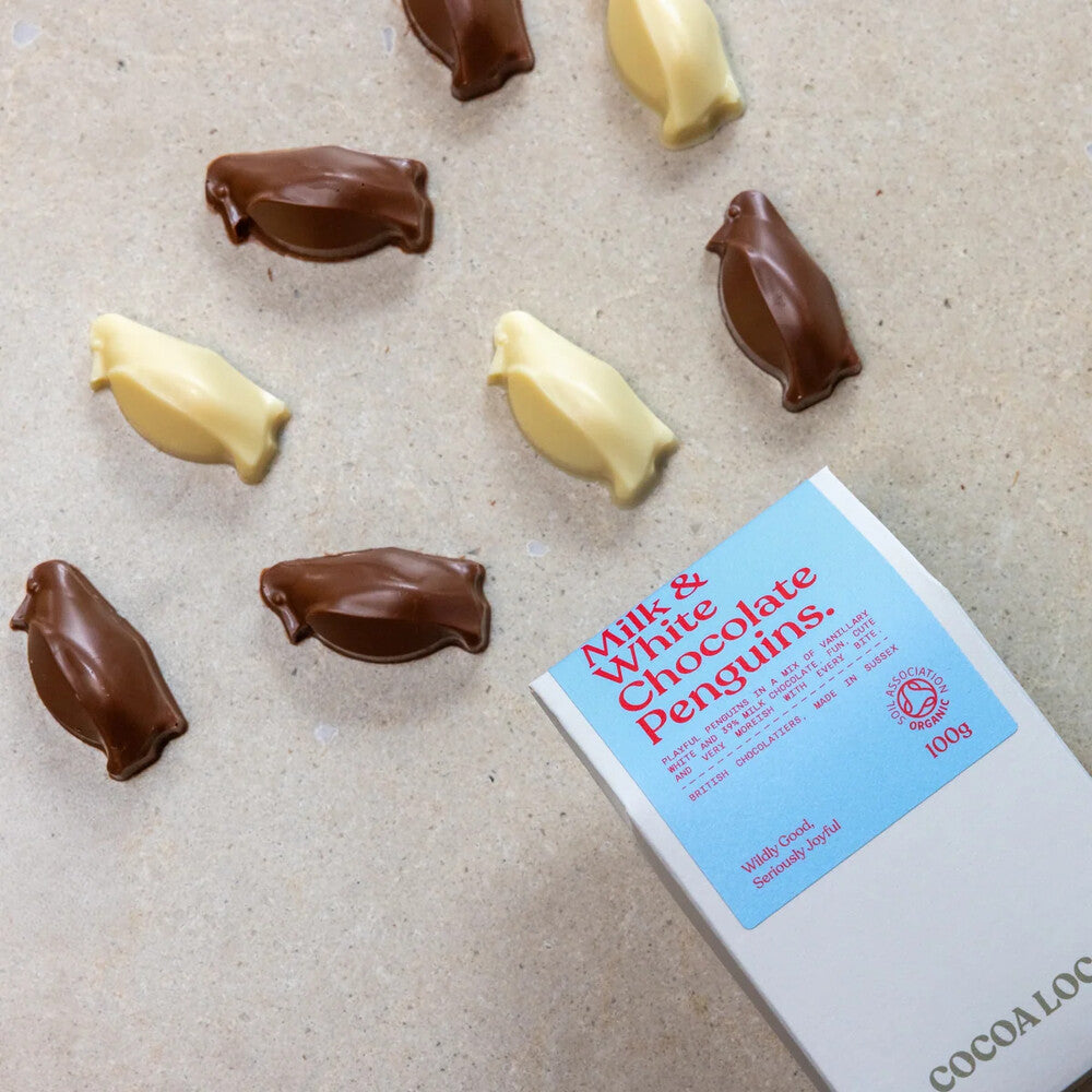 Cocoa Loco Organic Milk & White Chocolate Penguins 100g