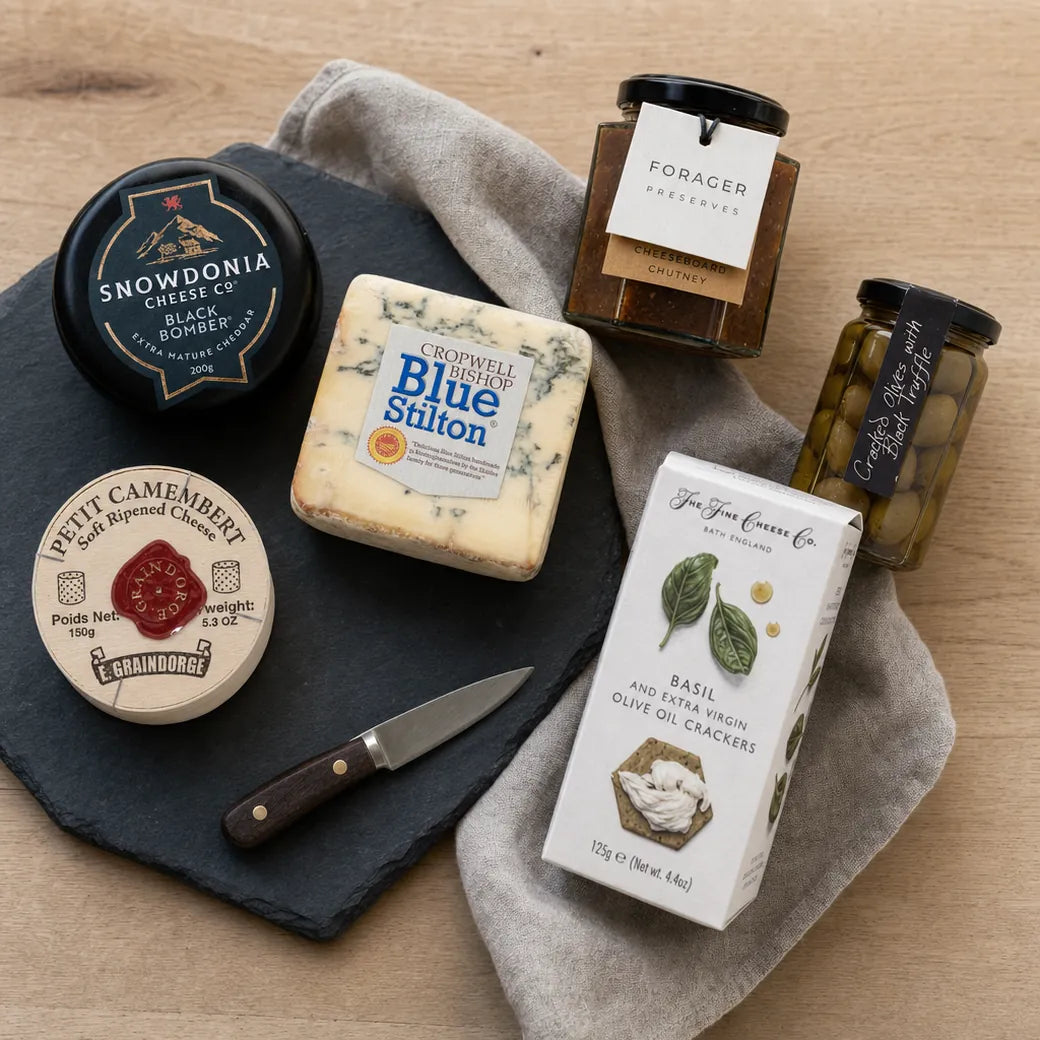 A board seen from directly above: a slate with a truckle of Snowdonia Black Bomber, a square of Cropwell Bishop blue Stilton and a Petit Camembert, a small knife, a jar of Forager chutney, a jar of green olives with black truffle and a box of Fine Cheese Co. basil crackers, on a grey linen cloth over pale oak.