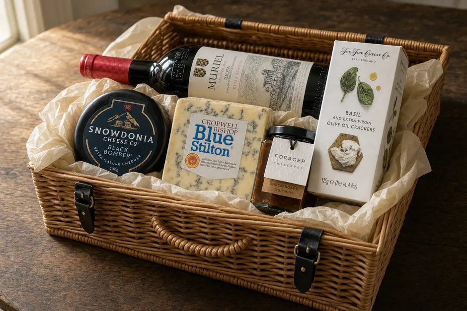 An open wicker basket lined with tissue paper and packed by hand: a bottle of Muriel Rioja lying across the back, a Snowdonia Black Bomber truckle, a wedge of Cropwell Bishop Blue Stilton, a jar of Forager chutney and a box of Fine Cheese Co. crackers.