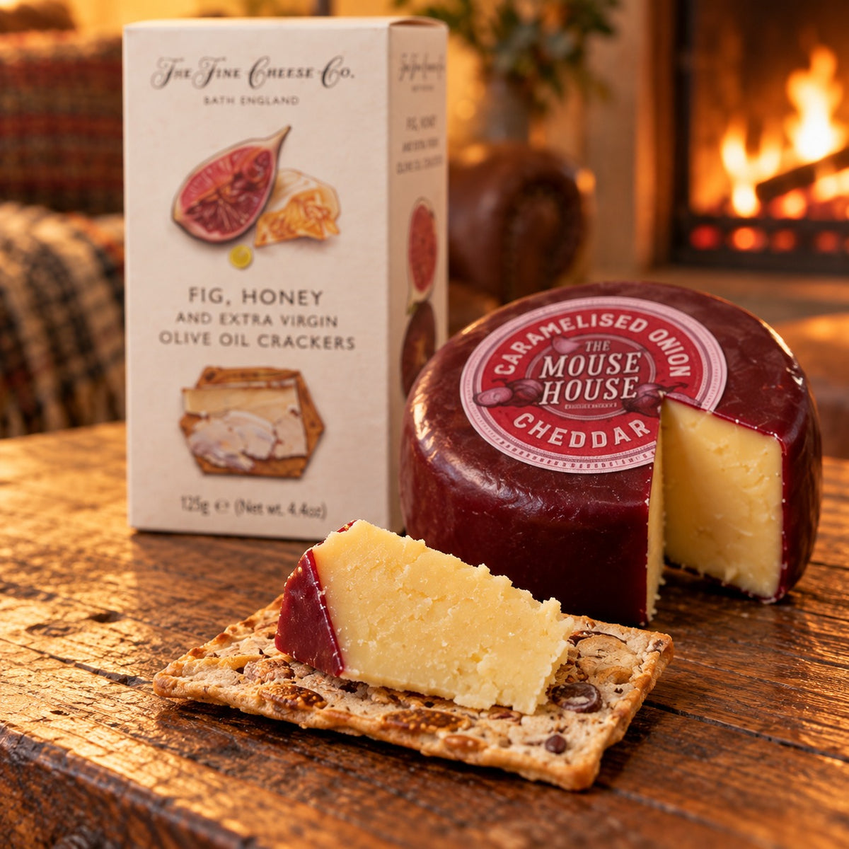 Caramelised onion cheddar on a fig, honey and olive oil cracker, from the Gourmet Evening Hamper