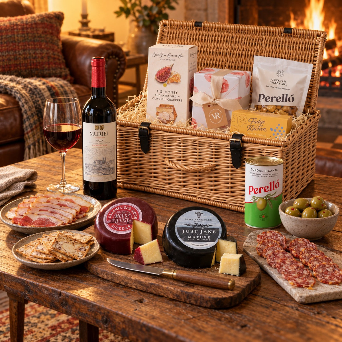 The Gourmet Evening Hamper by the fire: its wicker basket with Muriel Rioja, Just Jane and caramelised onion cheddar, Perello olives, crackers and charcuterie on a wooden table