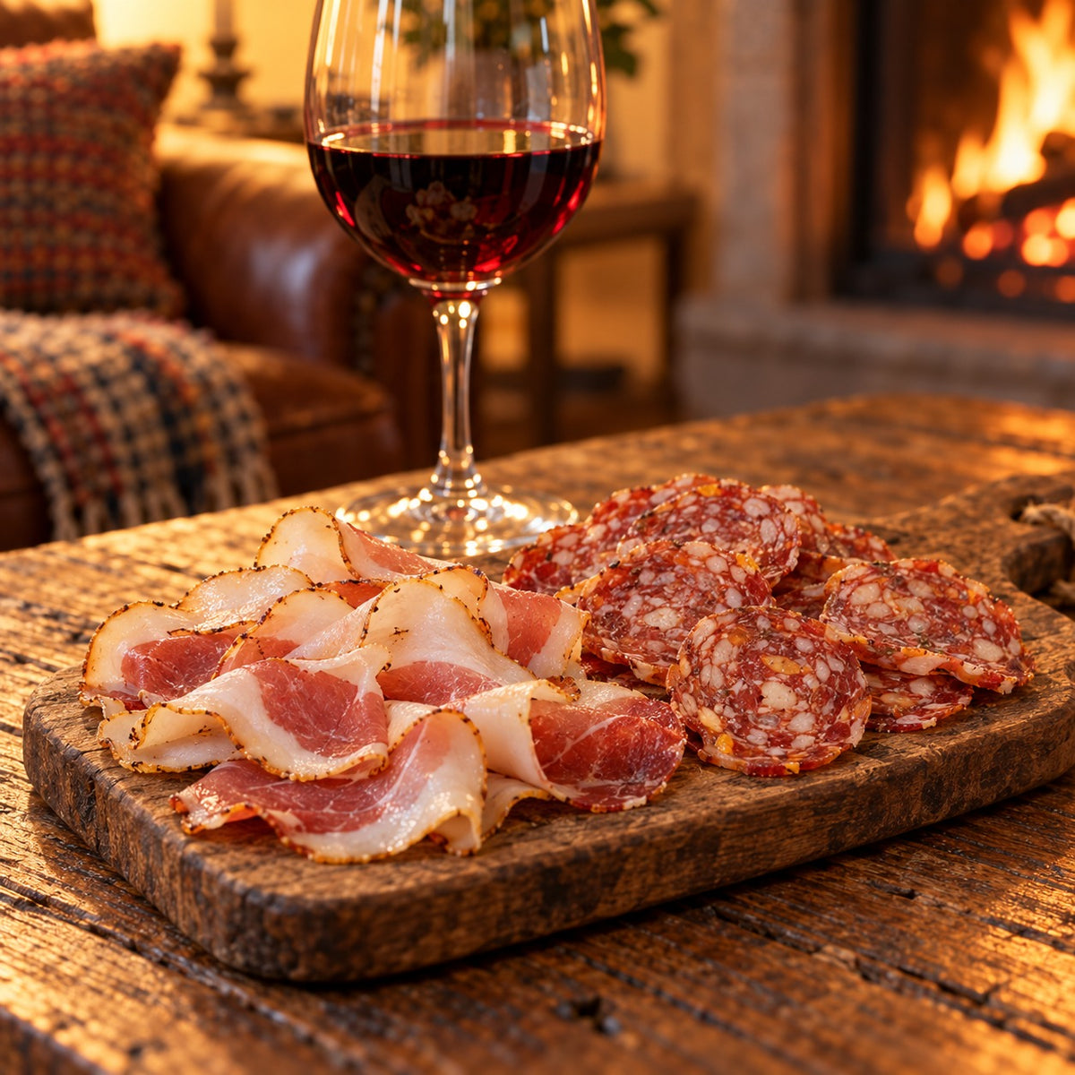 Salami and lomo on a wooden board with a glass of red wine, from the Gourmet Evening Hamper
