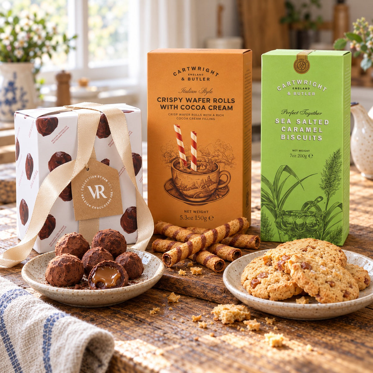Van Roy salted caramel truffles, wafer rolls and sea salted caramel biscuits from the Artisan Goody Hamper