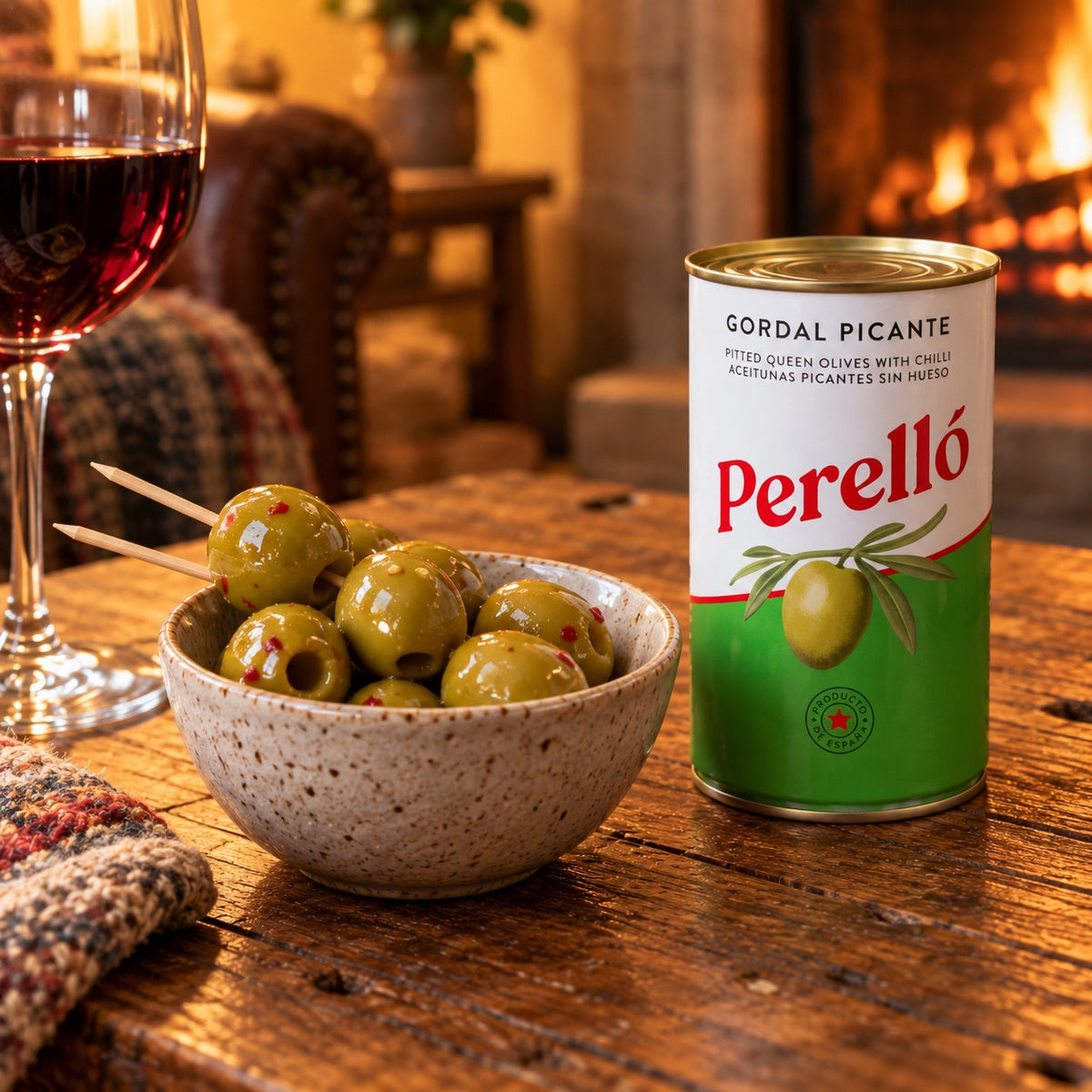 Perello Gordal Picante olives in a bowl beside their tin