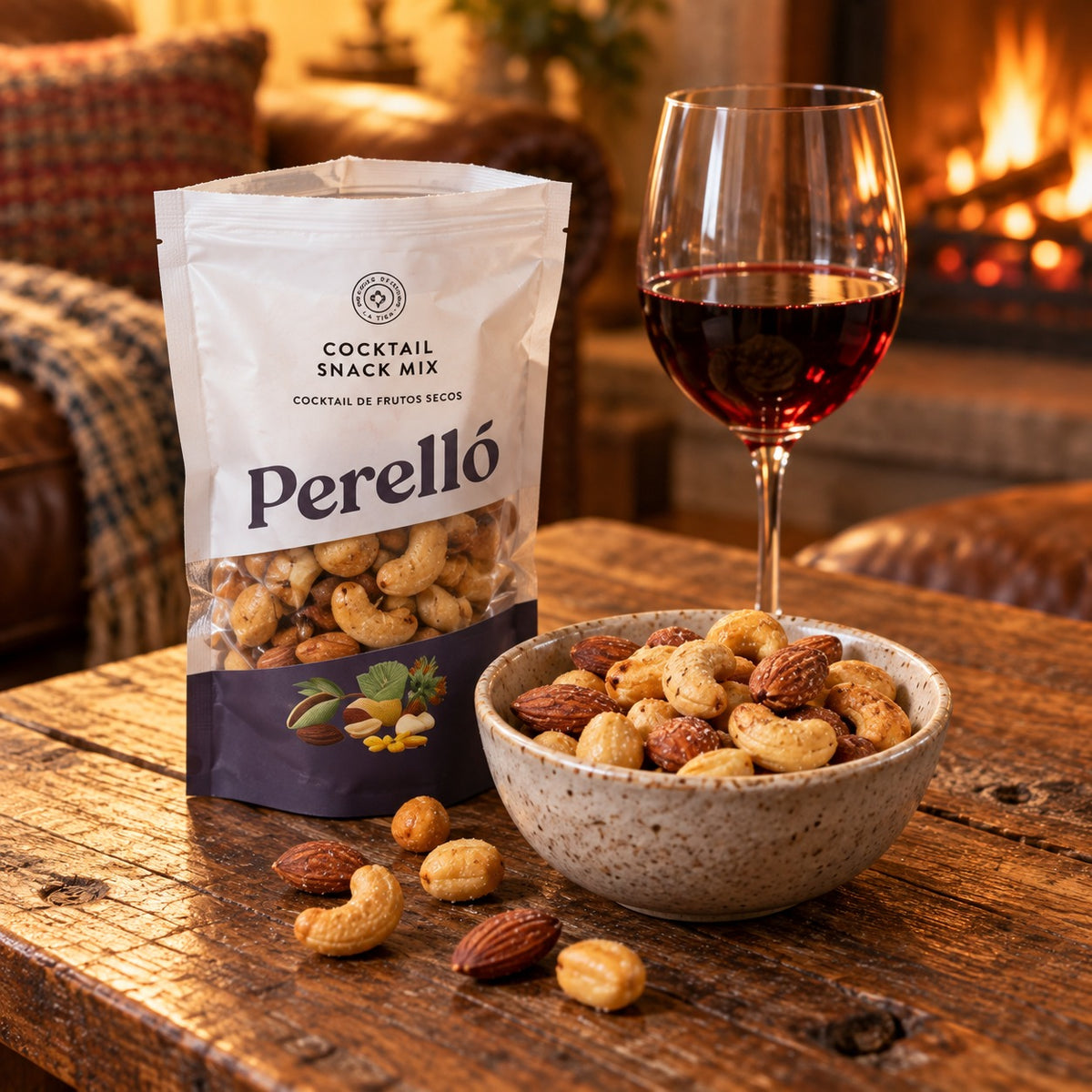 Perello cocktail snack mix in a bowl beside its bag and a glass of red wine