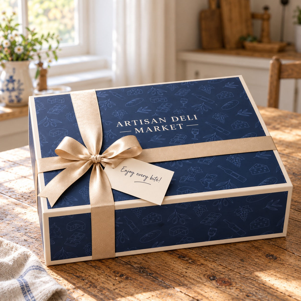 The Artisan Goody Hamper closed with its ribbon and a handwritten card, as it arrives
