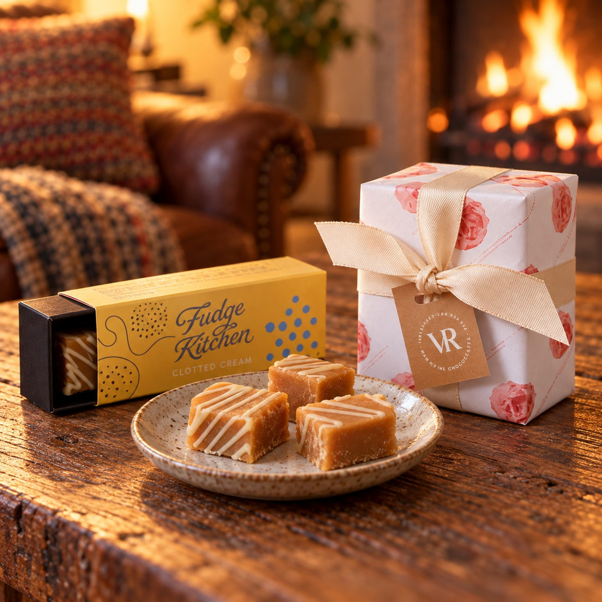 Fudge Kitchen fudge and a Van Roy truffle box tied with a ribbon, from the Gourmet Evening Hamper