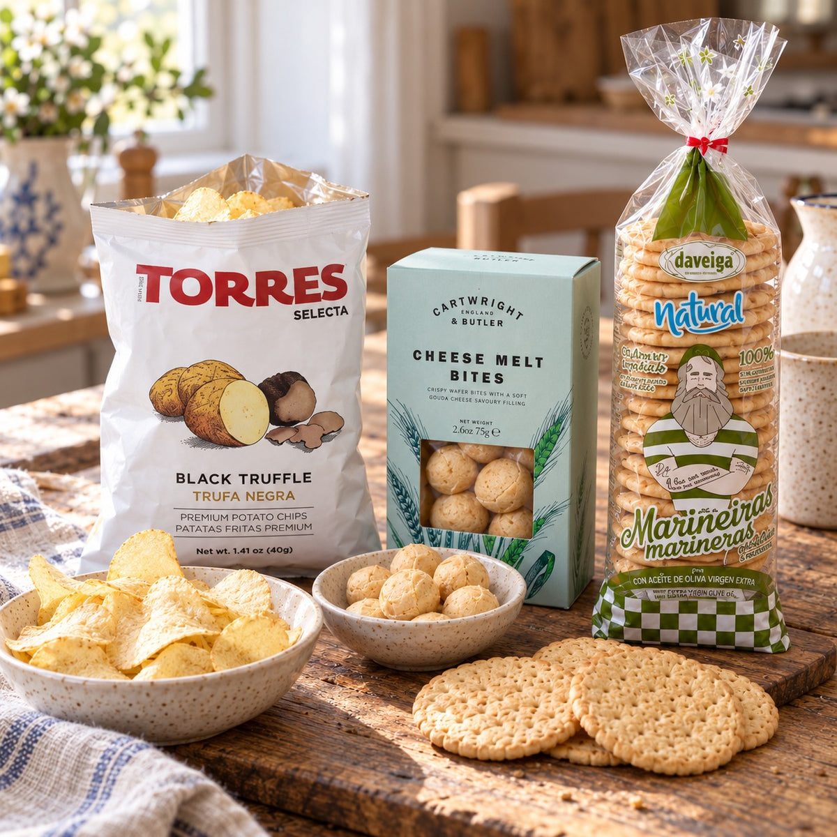 Black truffle crisps, cheese melt bites and olive oil crackers from the Artisan Goody Hamper