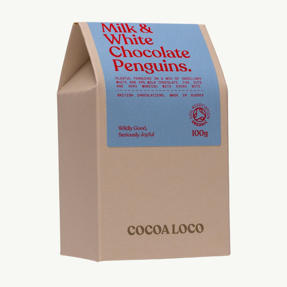 Cocoa Loco Organic Milk & White Chocolate Penguins 100g