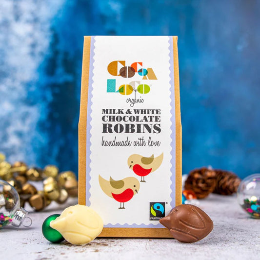 Cocoa Loco Organic Milk & White Chocolate Robins 100g