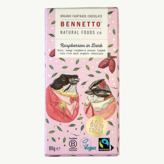Bennetto Raspberries in Dark Chocolate Bar 80g