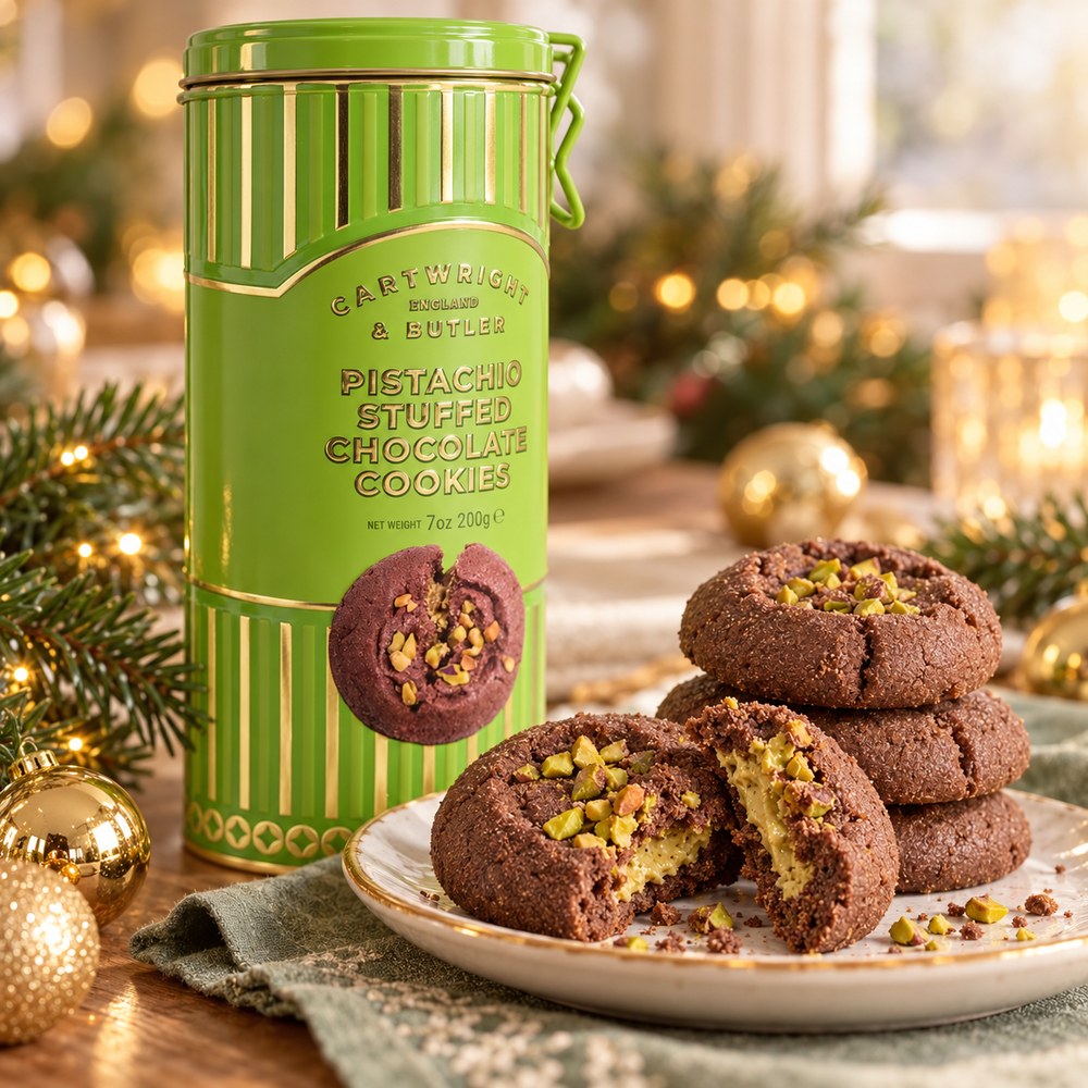 Pistachio Stuffed Chocolate Cookies in Tin 200g