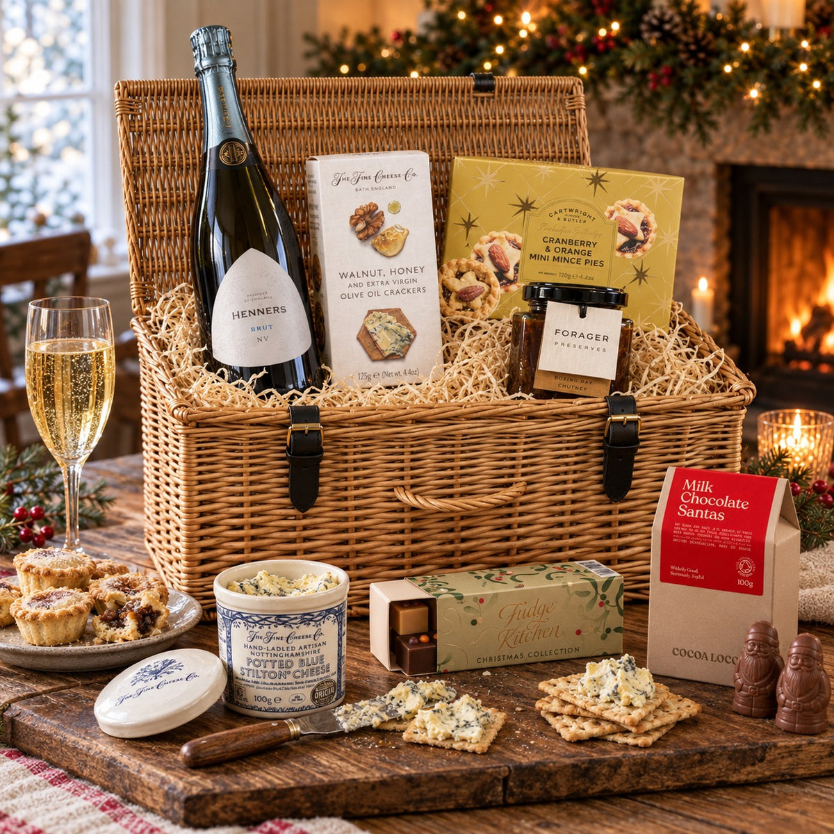 Stilton & Sparkling Christmas hamper: Henners Brut, potted Blue Stilton, crackers, chutney, mince pies, fudge and chocolate Santas in an open wicker basket by the fire