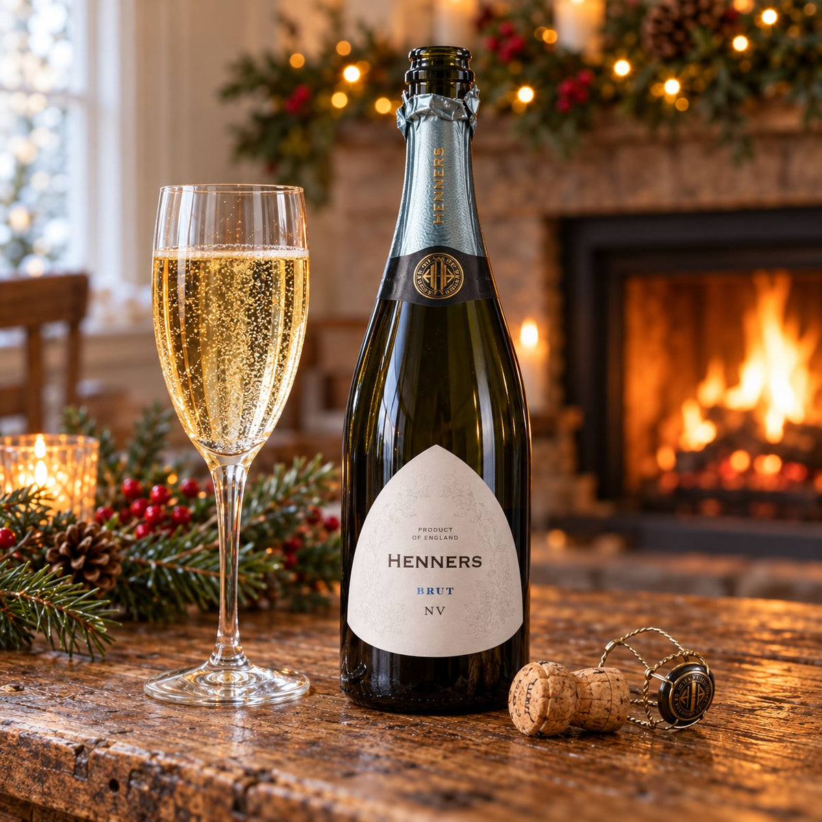 Henners Brut English sparkling wine just opened, cork and wire cage beside a poured glass