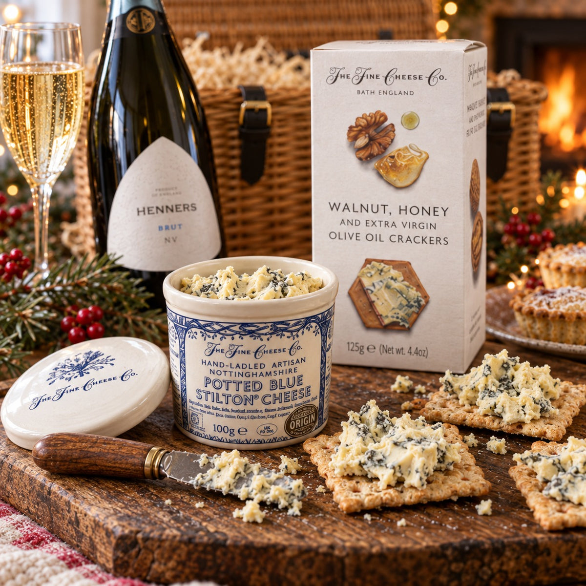Potted Blue Stilton spread on walnut and honey crackers