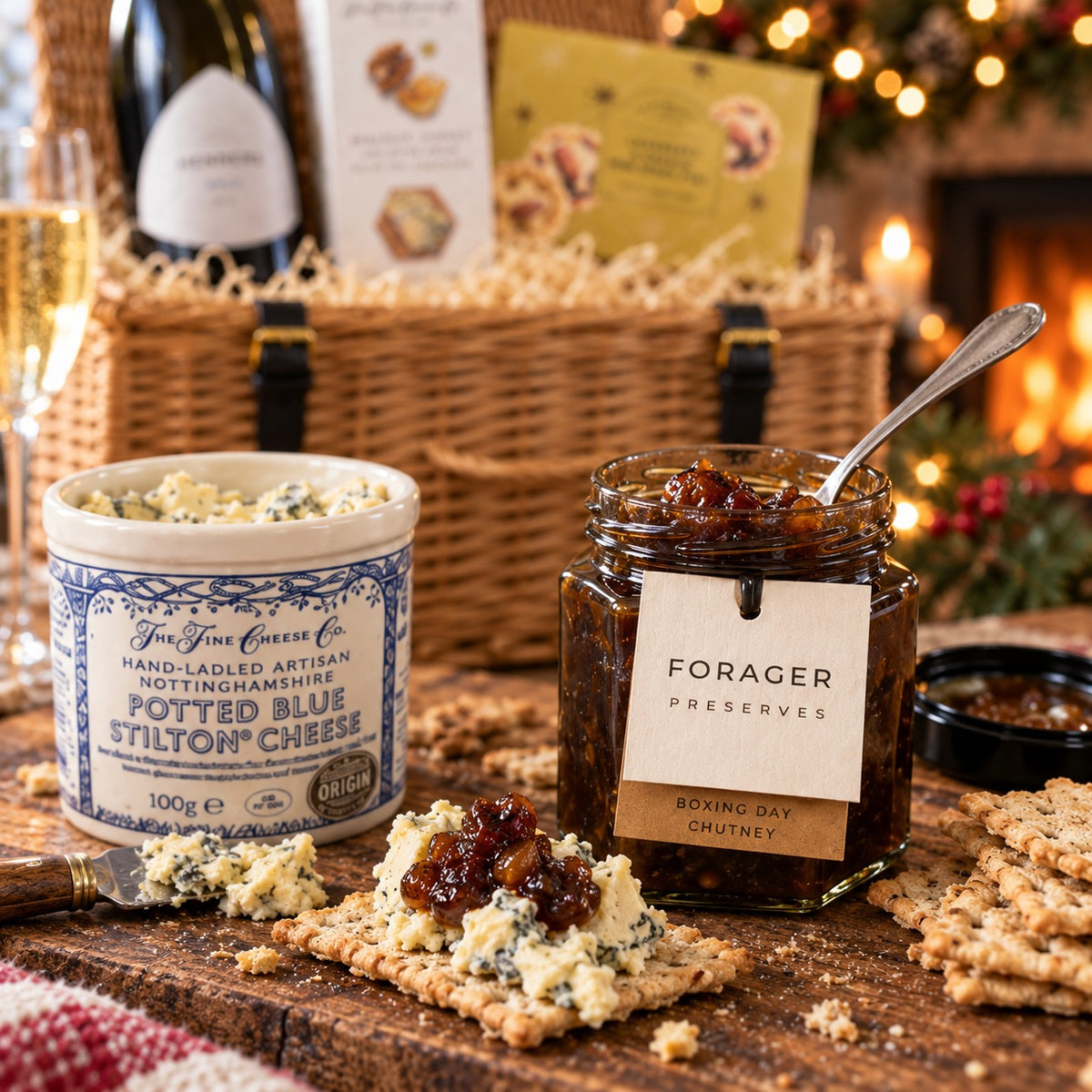 Boxing Day chutney on a cracker with potted Blue Stilton