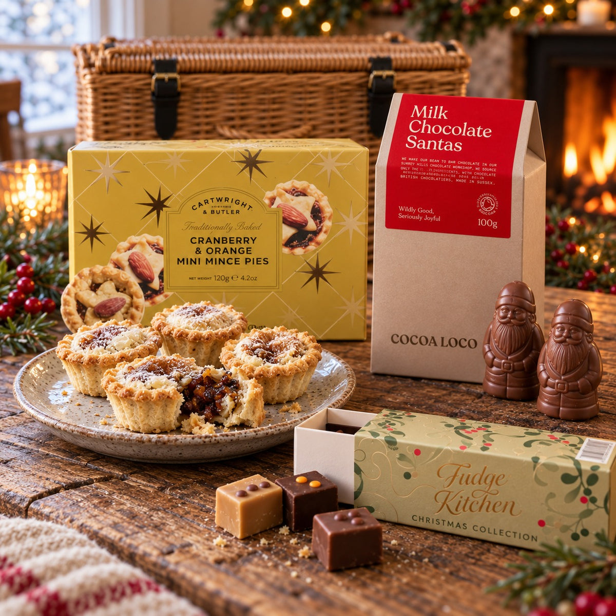 Cranberry and orange mini mince pies, Christmas fudge and milk chocolate Santas