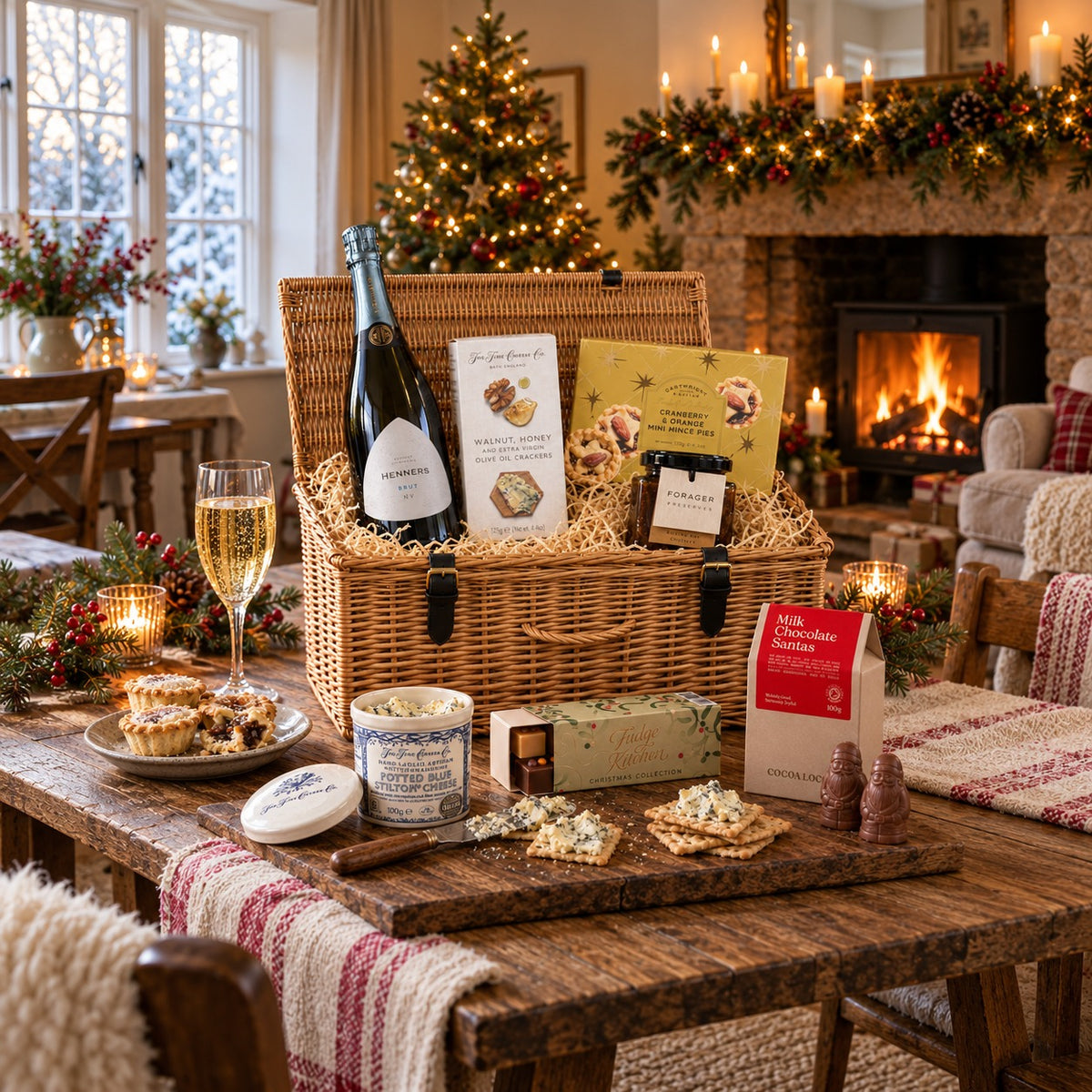 The Stilton & Sparkling wicker hamper on a farmhouse table by the Christmas tree and fire