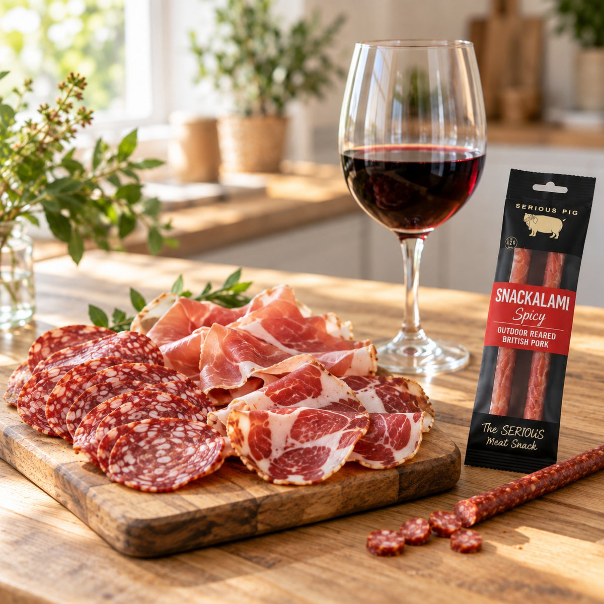The Banquet Hamper: British charcuterie and Serious Pig Snackalami with a glass of Merlot
