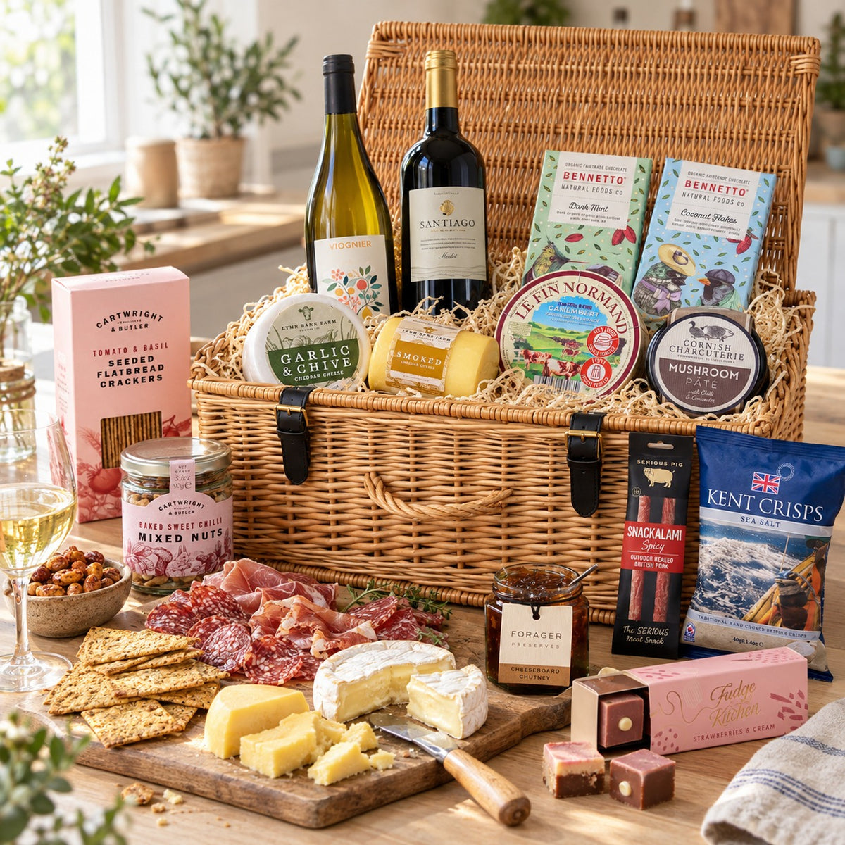 The Banquet Hamper: the open wicker basket with its wines, cheeses, charcuterie and treats laid out on a kitchen table