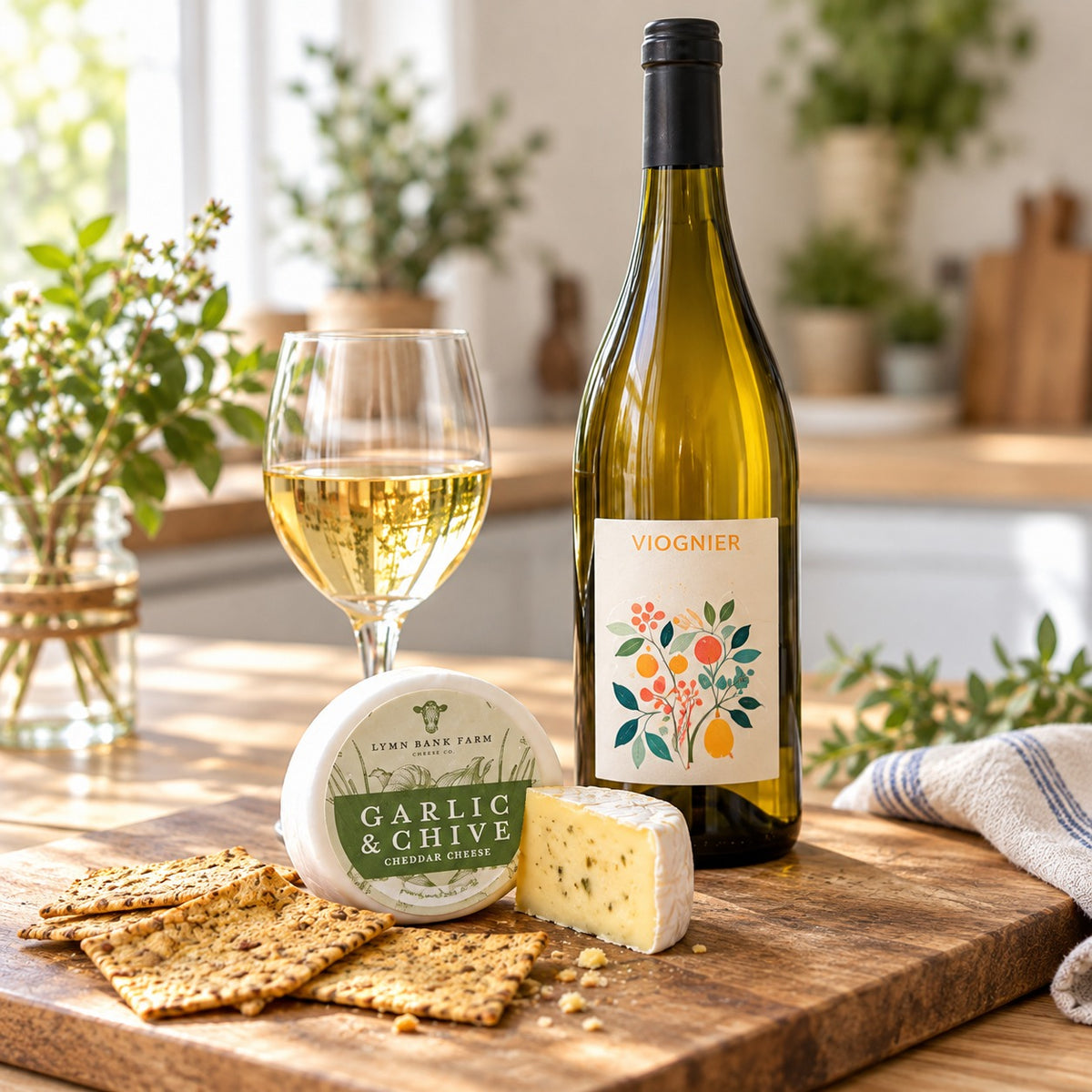 The Banquet Hamper: Pictorial Viognier with the garlic and chive cheddar truckle and crackers