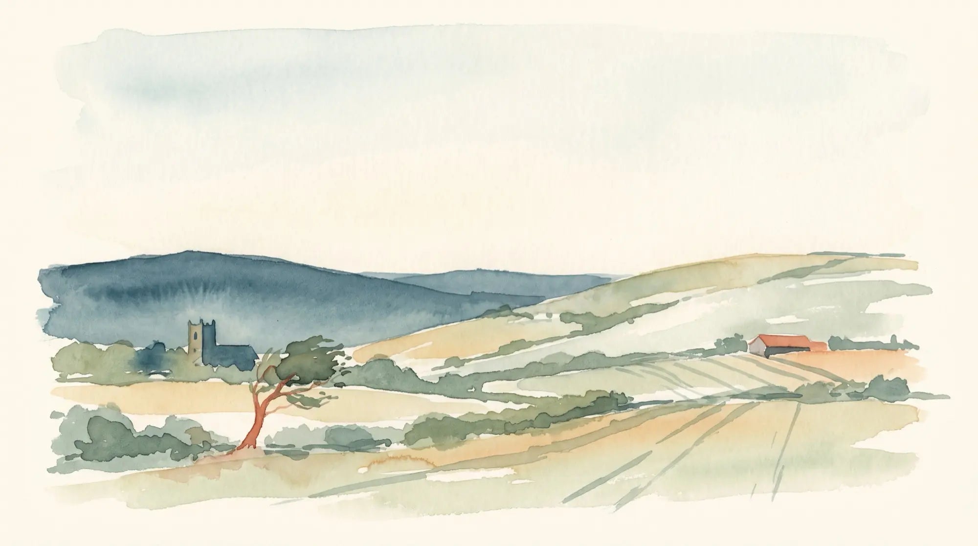 A watercolour of the Sussex downs — fields, a church tower and a farm under a wide pale sky.