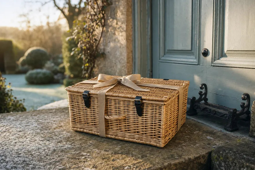 A ribboned wicker hamper set down on a stone doorstep beside a pale blue front door, in low early sun, with frost still on the garden behind it.