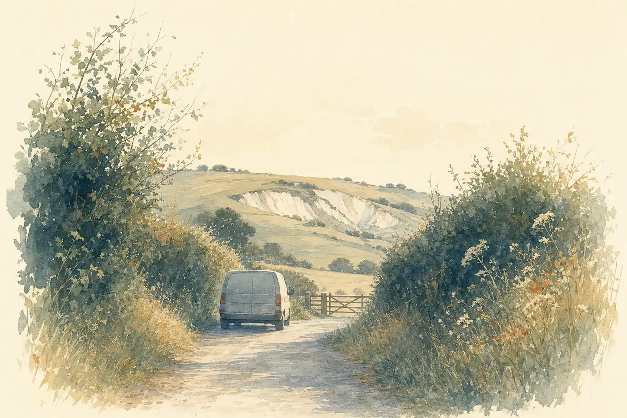 A watercolour of a chalk track running between tall Sussex hedgerows, a small white van heading away from us towards a five-bar gate and the open downs beyond.