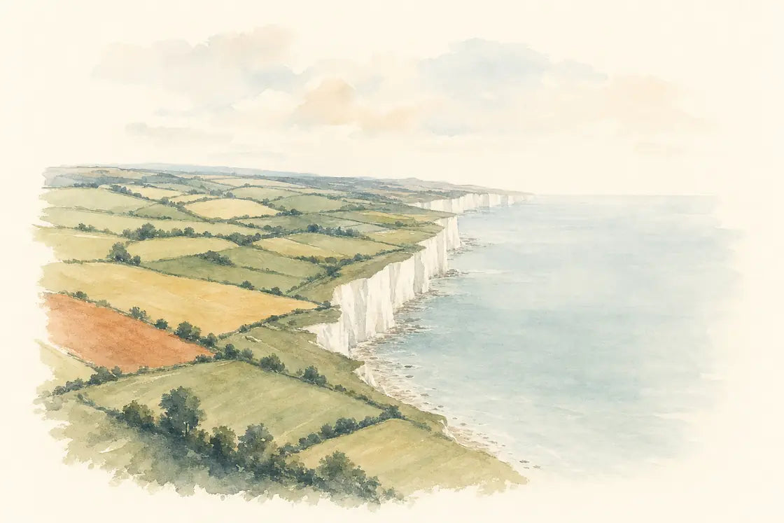 A watercolour of a chalk coastline seen from high above: white cliffs running away to the horizon, a patchwork of green and ploughed fields on the clifftop, and pale sea to the right.