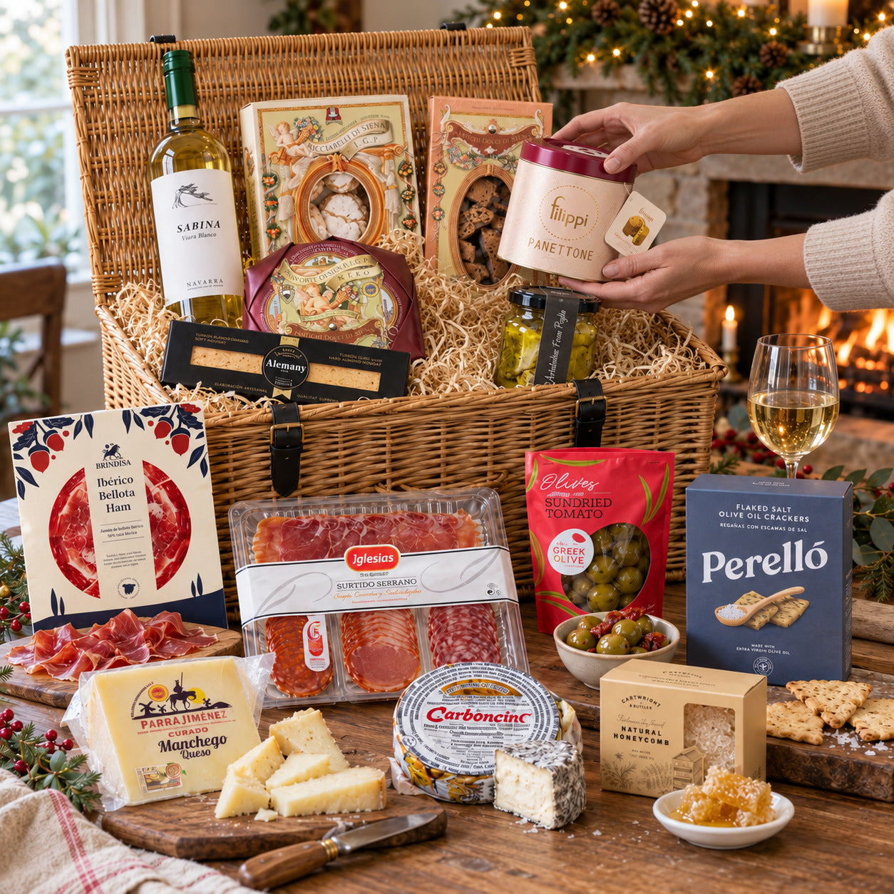 Hands lifting the Filippi panettone tin out of A Mediterranean Christmas, the wicker hamper open by the fire with its other selections around it.