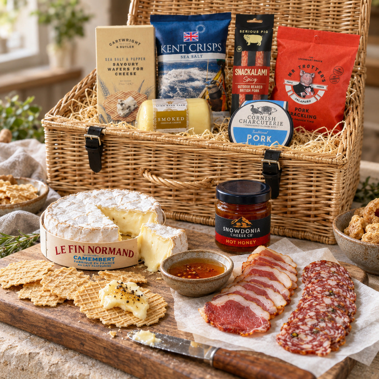 Serving detail from The Cheese & Charcuterie Lovers: Whole Camembert, Air-dried Pork Loin Lomo, Wild Garlic Salami, Hot Honey, Sea Salt & Pepper Savoury Wafers. This shows part of the hamper; tableware is not included.