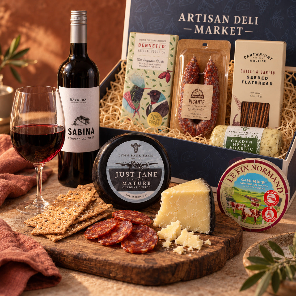 Serving detail from Cheese, Chorizo & Wine: Tempranillo Tinto, Just Jane Mature Cheddar, Spicy Chorizo Hoop, Chilli & Garlic Seeded Flatbread Crackers. This shows part of the hamper; tableware is not included.