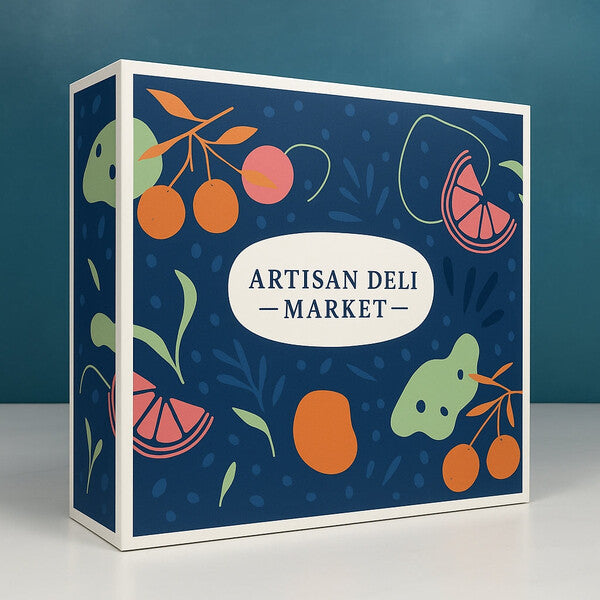 Medium Presentation Box: Navy, cream and colourful fruit illustrations.