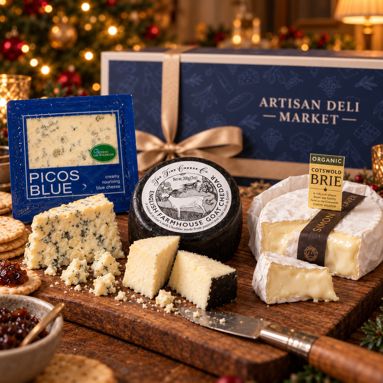 Detail from The Christmas Cheeseboard: Picos Blue, English farmhouse goat cheddar and organic Cotswold brie cut on a wooden board, each beside its pack.