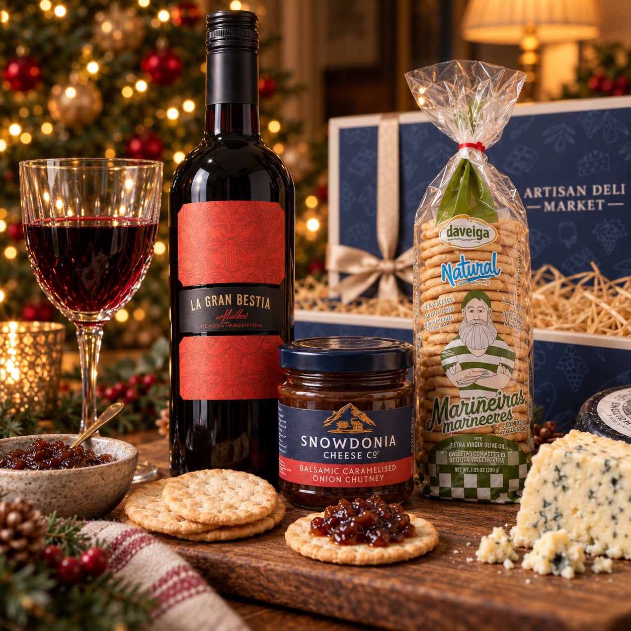 Detail from The Christmas Cheeseboard: La Gran Bestia Malbec with a glass poured, Snowdonia balsamic caramelised onion chutney on a cracker and the olive oil crackers beside it.
