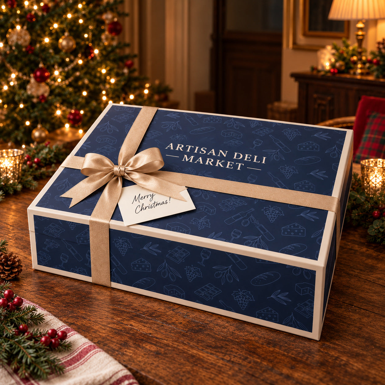 The Christmas Cheeseboard as it arrives: the navy Signature Box closed with its satin ribbon and bow, and a handwritten Christmas card under the bow.