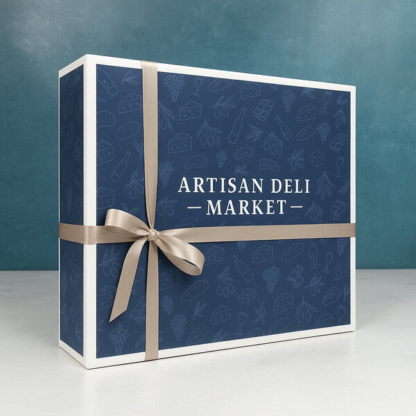 Medium Signature Box: Navy, cream and a taupe satin ribbon.