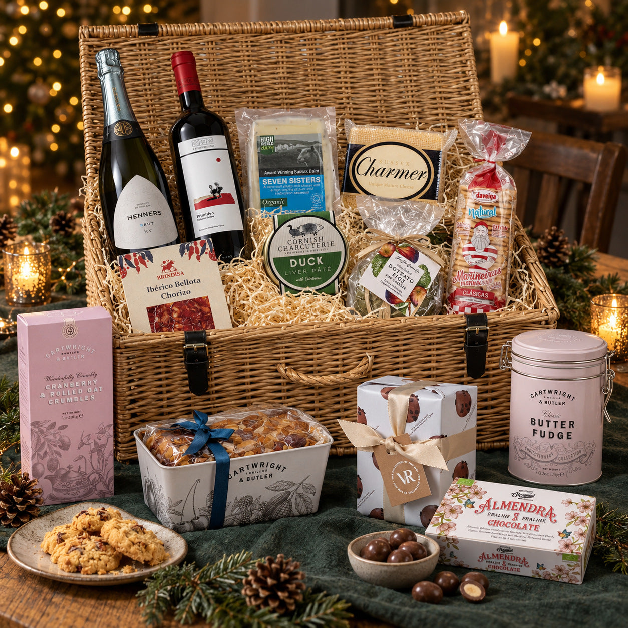 The Christmas Table: the wicker hamper with all 13 selections, styled for Christmas.