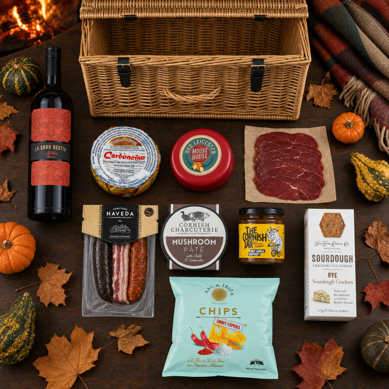 Overhead layout of all 9 selections and the wicker hamper in The Harvest Supper.