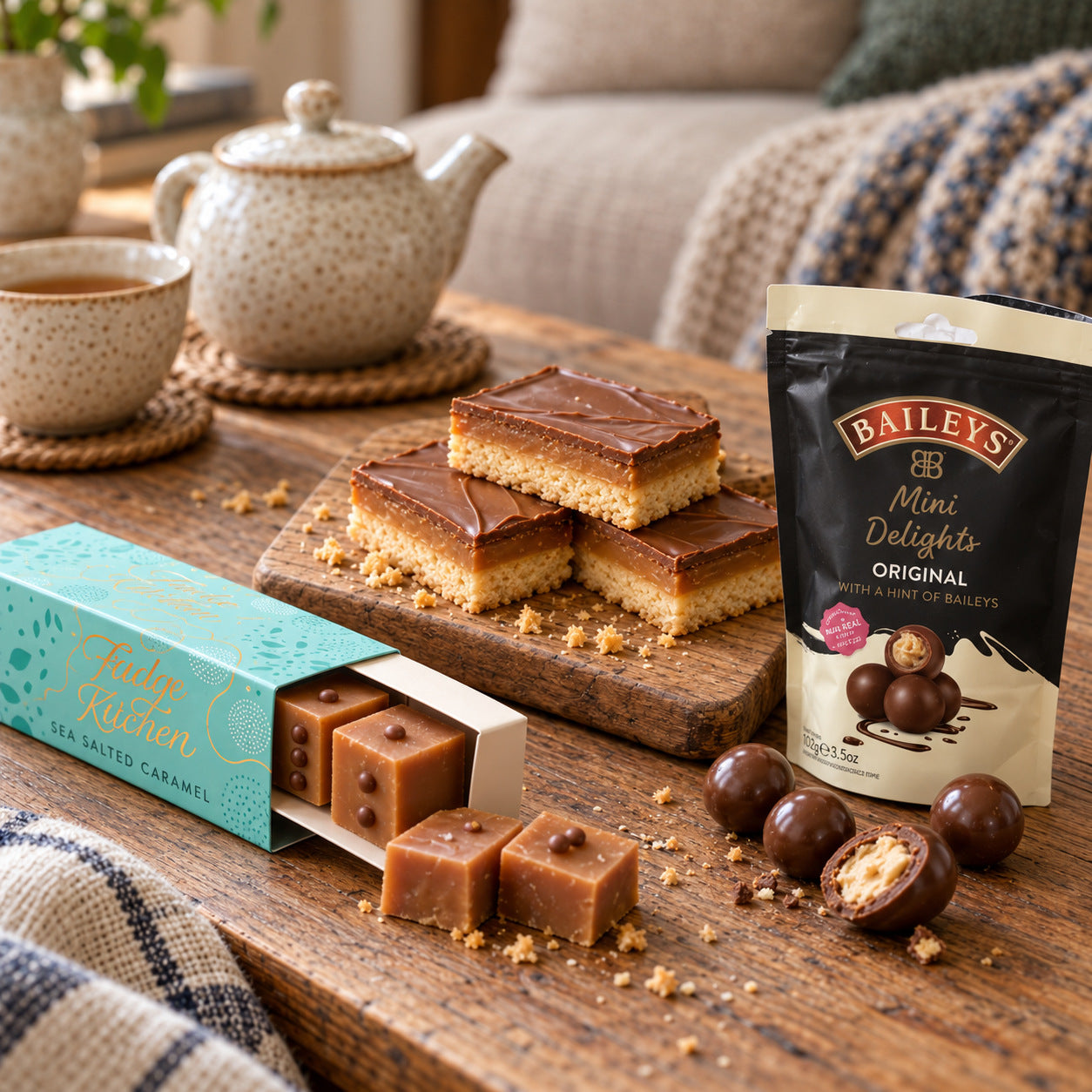 Detail from The Sweet Tooth: sea salted caramel fudge slid from its Fudge Kitchen box, caramel shortbread stacked on a board, and Baileys Mini Delights tipped from the pouch, one cut in half.