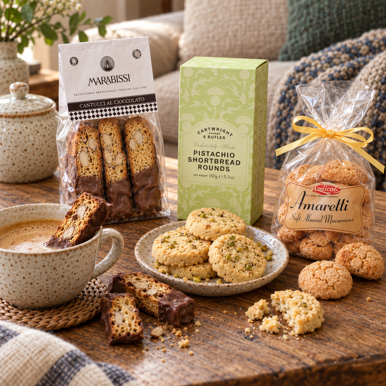Detail from The Sweet Tooth: Marabissi chocolate covered cantucci with a cup of coffee, Cartwright & Butler pistachio shortbread rounds on a plate, and soft amaretti beside their bag.