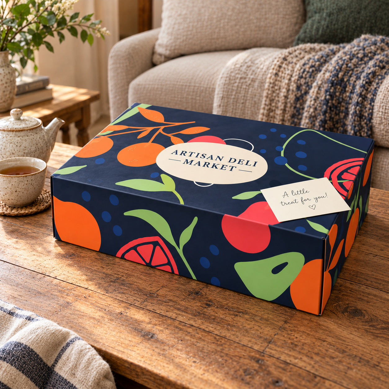 The Sweet Tooth as it arrives: the colourful Presentation Box closed on a coffee table, with a handwritten card on the lid.