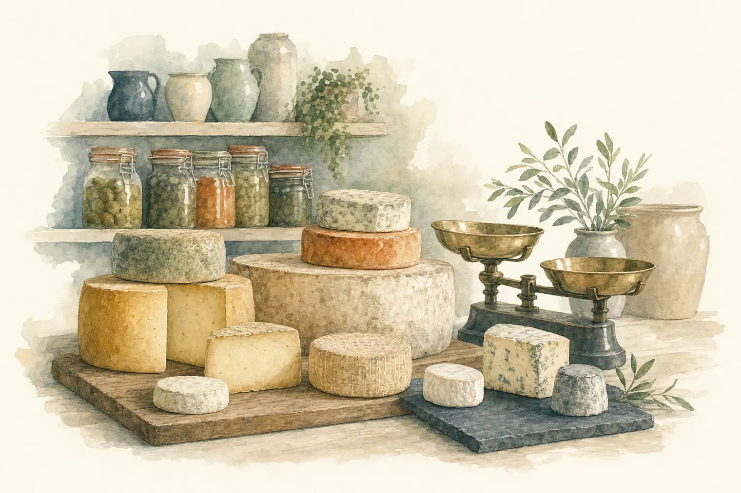A watercolour of a cheese counter: whole truckles and cut wedges on a wooden board and a slate, a set of brass scales, stone jars and a shelf of preserves in jars behind.