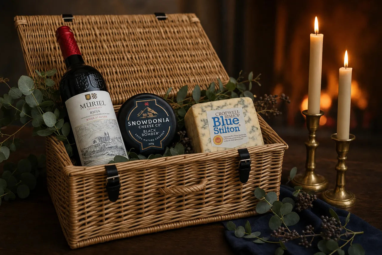 A wicker basket open on a dark table beside a lit fire, holding a bottle of Muriel Rioja, a black waxed truckle of Snowdonia Black Bomber and a wedge of Cropwell Bishop Blue Stilton, with eucalyptus sprigs and two brass candlesticks alongside.